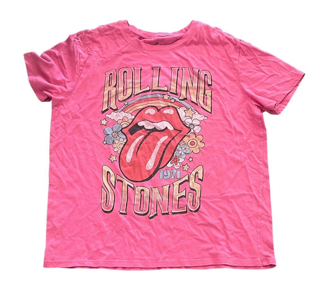 Rolling Stones UK Tour Pink Graphic Shirt Large Floral Rock Band Short Sleeve
